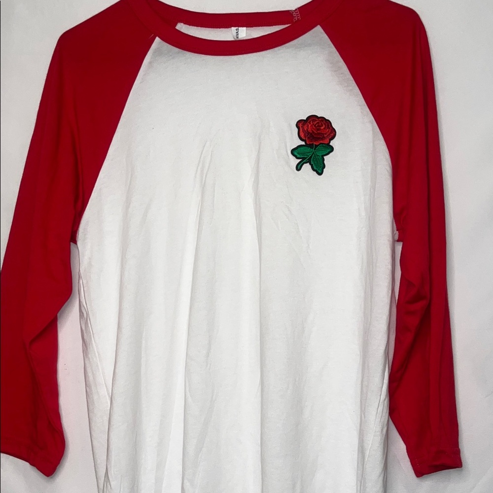 Red and White Raglan Shirt with Rose Patch